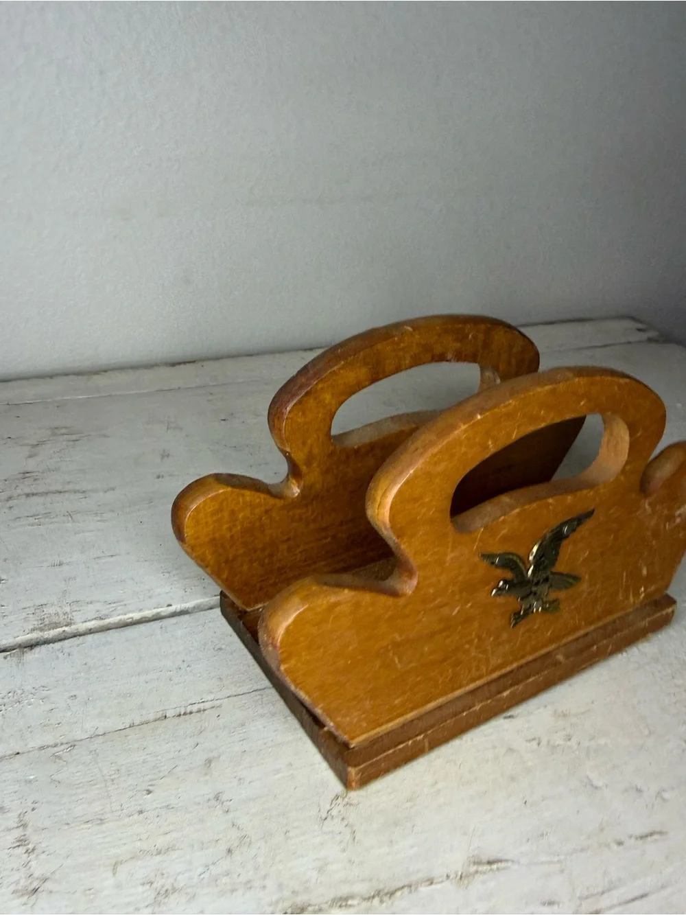 Wooden Napkin/Letter Holder with Gold Eagle Accent - Light Brown